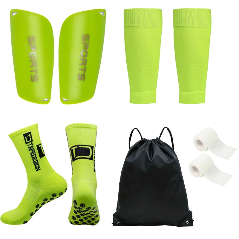 Pack de 5 piezas; calcetines deportivos con cubre espinilleras y bandas de soporte y esparadrapo