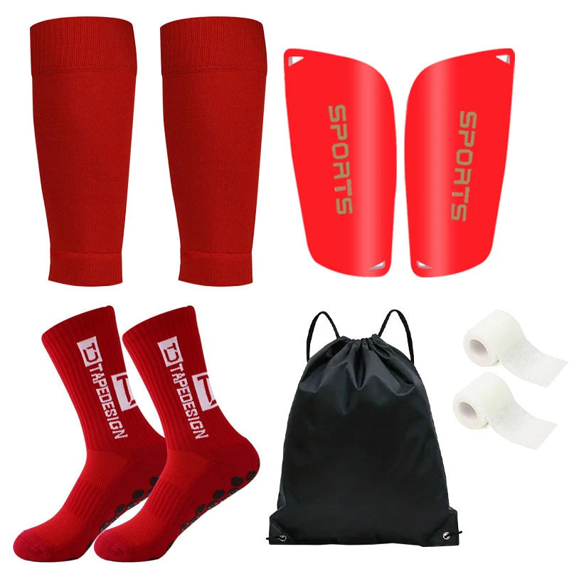 Pack de 5 piezas; calcetines deportivos con cubre espinilleras y bandas de soporte y esparadrapo