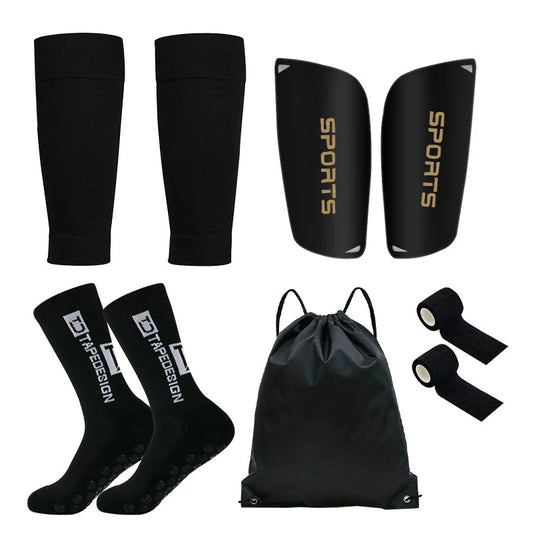 Pack de 5 piezas; calcetines deportivos con cubre espinilleras y bandas de soporte y esparadrapo